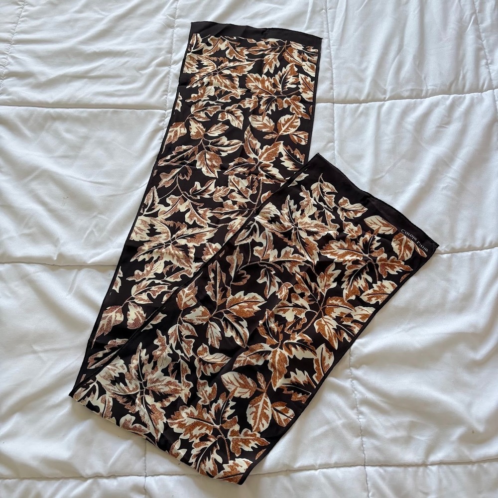Vintage Carole Little 100% Silk Scarf Brown Tan Autumn Leaf Print Rectangular